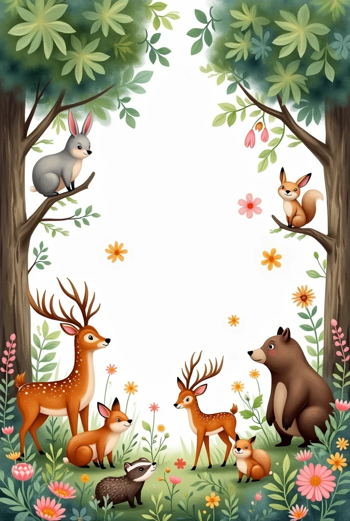 91cm repeated pattern, forest scene with tall trees, deer, and bears in the woods. Children's book illustration style of pastel watercolor drawings on a white background. A patchwork quilt design with various patterns and colors, including greenery, wildflowers, and woodland animals such as rabbits, foxes, squirrels, badgers, and hedgehogs. The tree trunks have thick bark with visible wood grain, and some leaves that are large for creating texture. It is a detailed, full-body portrait of each animal.