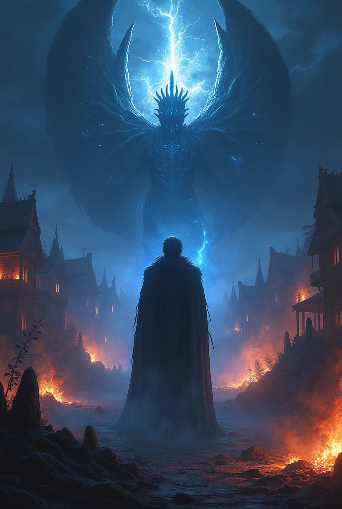 Dark and Mystical Background: a night scene, maybe a burning village in the background, with shades of blue and black, reflecting the atmosphere of pain and search for revenge.Featured Character: SkaldRaven could be the central focus, depicted in a heroic pose or in motion, with a glowing aura of mana around him.Elements of Action and Magic: Include details like flames, mana beams and monsters in the background to highlight the battle and magic.Artistic style: Consider an art style that combines realism and fantasy elements., with textures that emphasize emotional intensity and epic atmosphere.Typography: Use a stylized font for the name "SkaldRaven" and the title of the music, with effects that complement the dark and heroic theme.