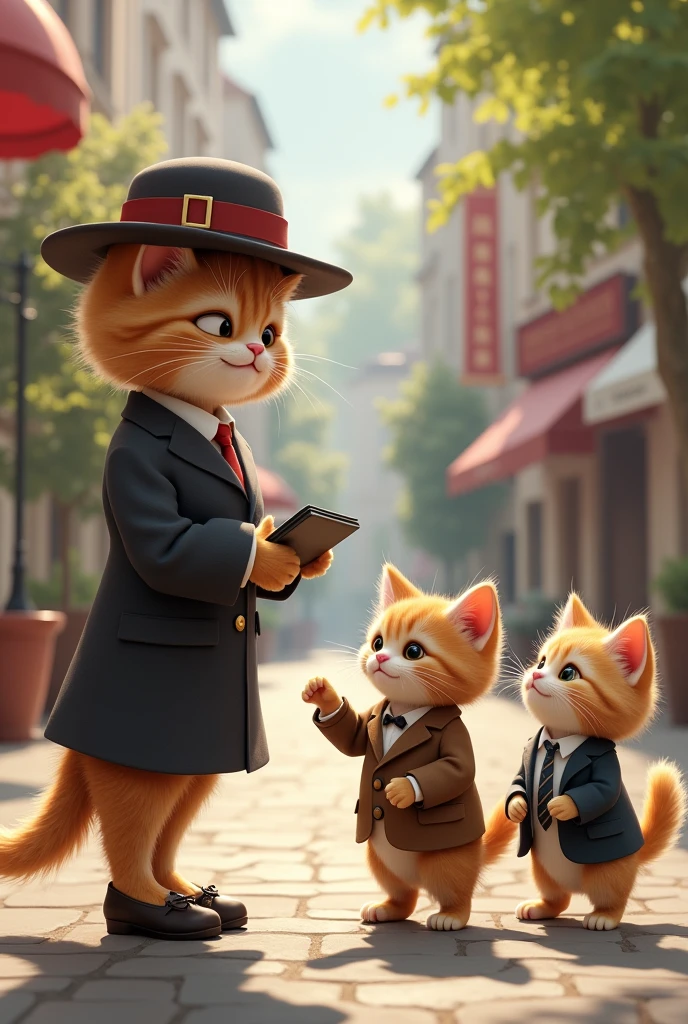 The adult female cat tour guide meeting the three kittens dressed in dress clothes at the meeting point.