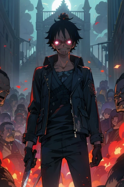 ((illustration)), (best quality)), ((masterpiece)), (detailed), ager, 1male, black hair, jacket, black gloves, coat, sunglasses, leather, solo, anime: 2, city, night, flat color, demons, monsters, throne, holding knife, glowing eyes, smoke, bloody, blood on clothes, blood on face, crazy smile, war, chaos, cinematic, epic, anime, fire, explosion, kingdom background, dark crown, One piece style,