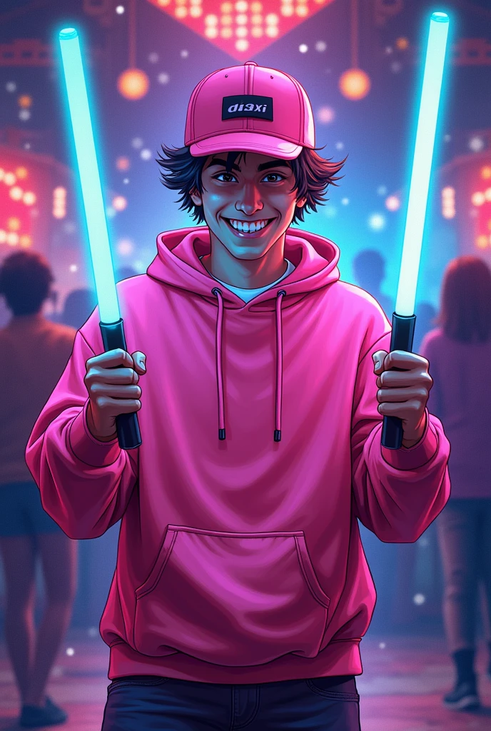 Drawing of a  male, with pink cap, pink sweatshirt, with LED light sticks in both hands, celebrating, with a disco background