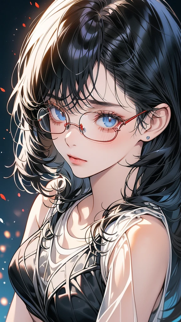 1 female,black hair, ,((impatient look)),beautiful breasts,thin white tank top,good style,,(facing the front)(((cheeks turn red、surprised expression)),(),((( upper body portrait)))frameless glasses,blue eyes,(((The bangs are even)))((See-through))sexy bra(wet state)