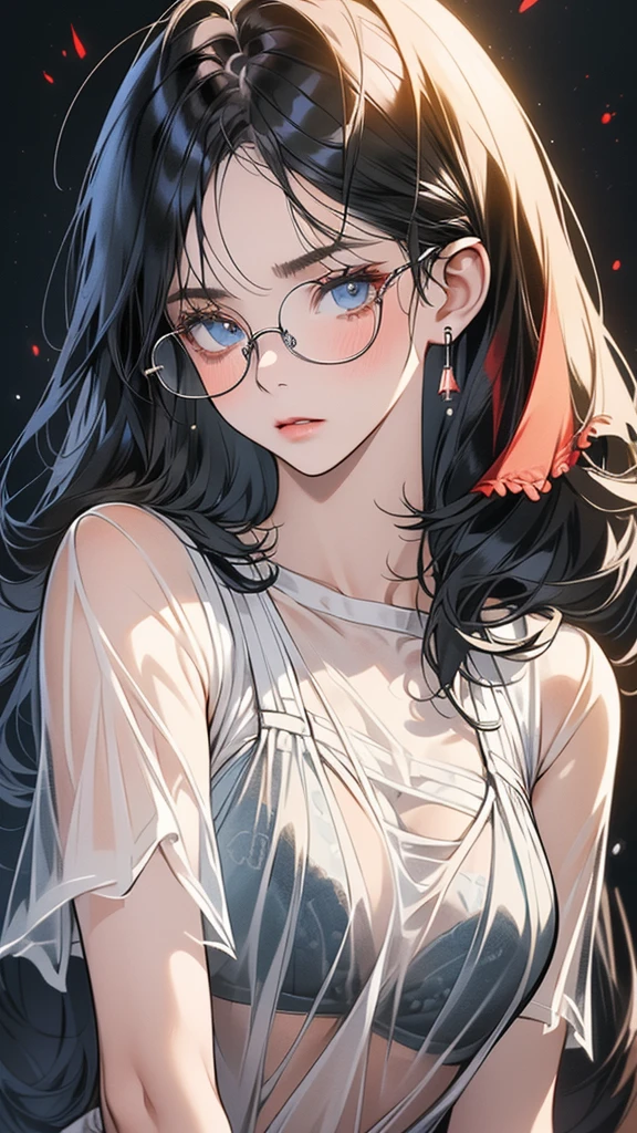 1 female,black hair, ,((impatient look)),beautiful breasts,thin white tank top,good style,,(facing the front)(((cheeks turn red、surprised expression)),(),((( upper body portrait)))frameless glasses,blue eyes,(((The bangs are even)))((See-through))sexy bra(wet state)