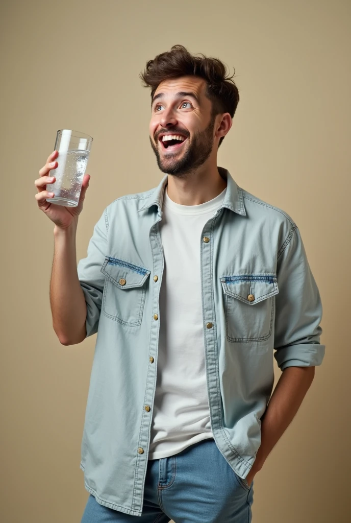 man in 20's holding a glass of water in standing and happy formation, like playfully