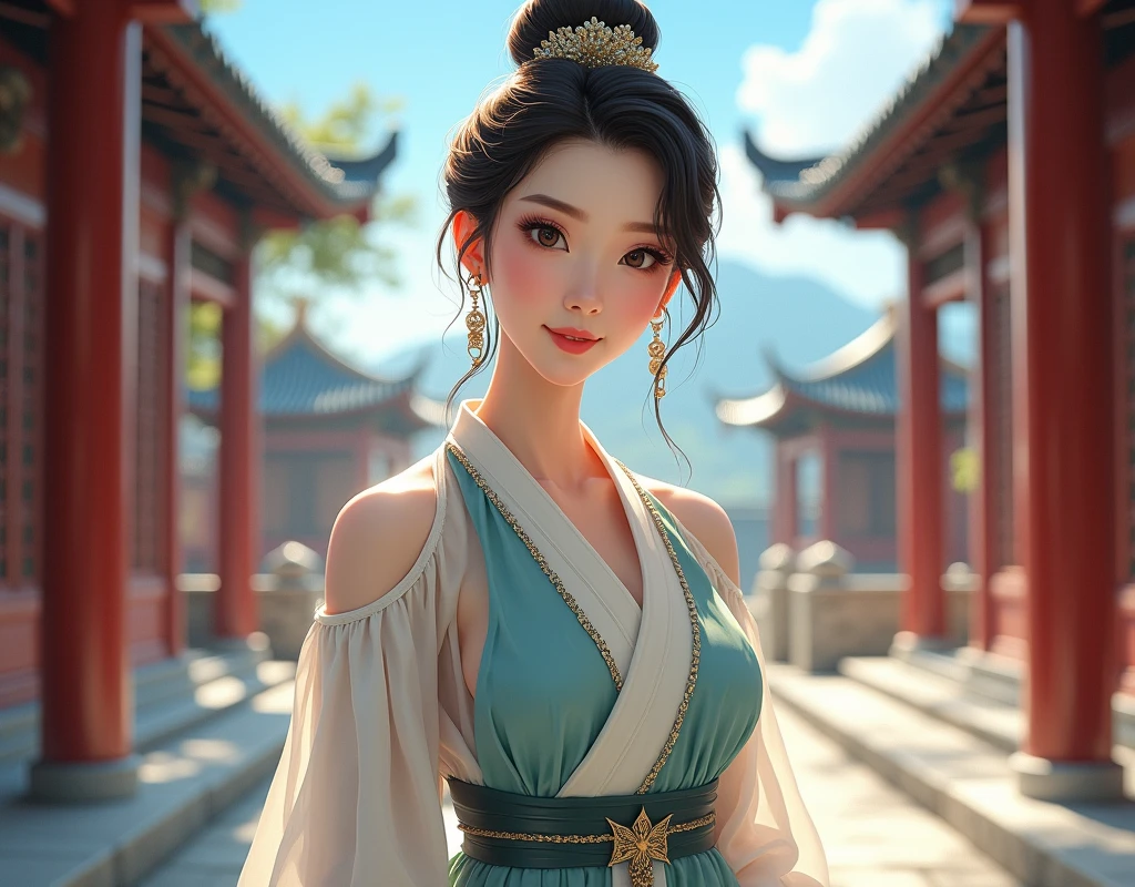 {{masterpiece, Best Quality, Extremely detailed CG, unity wallpaper 8k, cinematic lighting}}, traditional chinese ink painting, 1 girl, young woman full body, ancient architecture, blue sky, sunny day, wooden architecture, prominent protagonist, smile, large eyes, beautiful detailed eyes, (big breasts, neckline), round ass, Looking at the audience, long eyelashes,