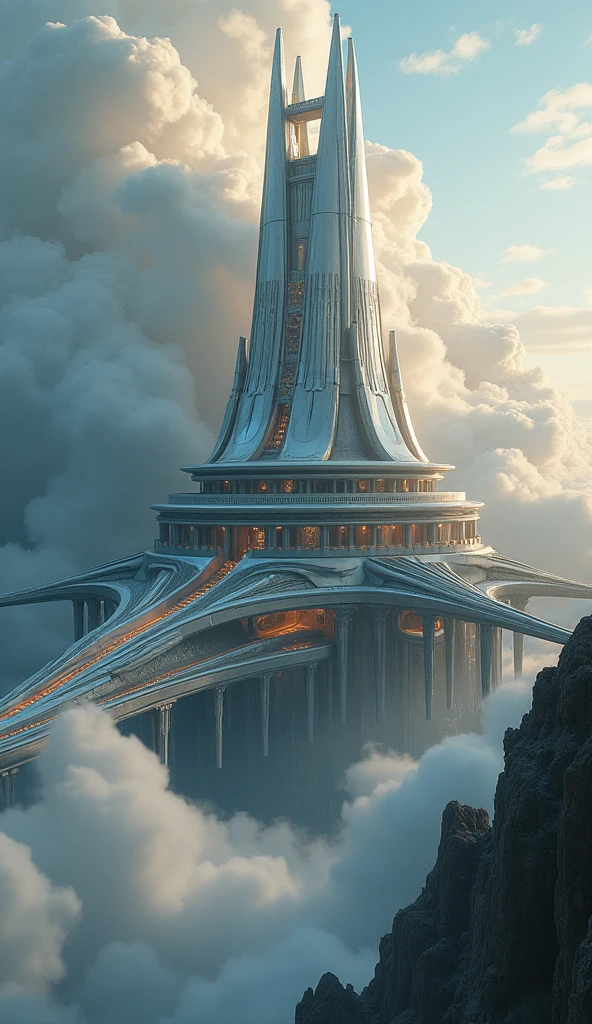 Atlantis,Royal Palace Building,metallic feel,Film visual style,d4 light effect,Cloud layering