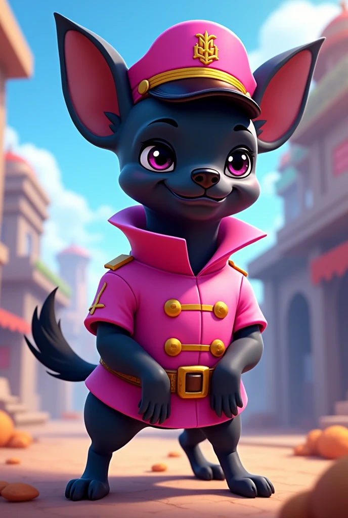 Completely black Chihuahua in a pink soldier suit standing on two legs in Brawl Stars style