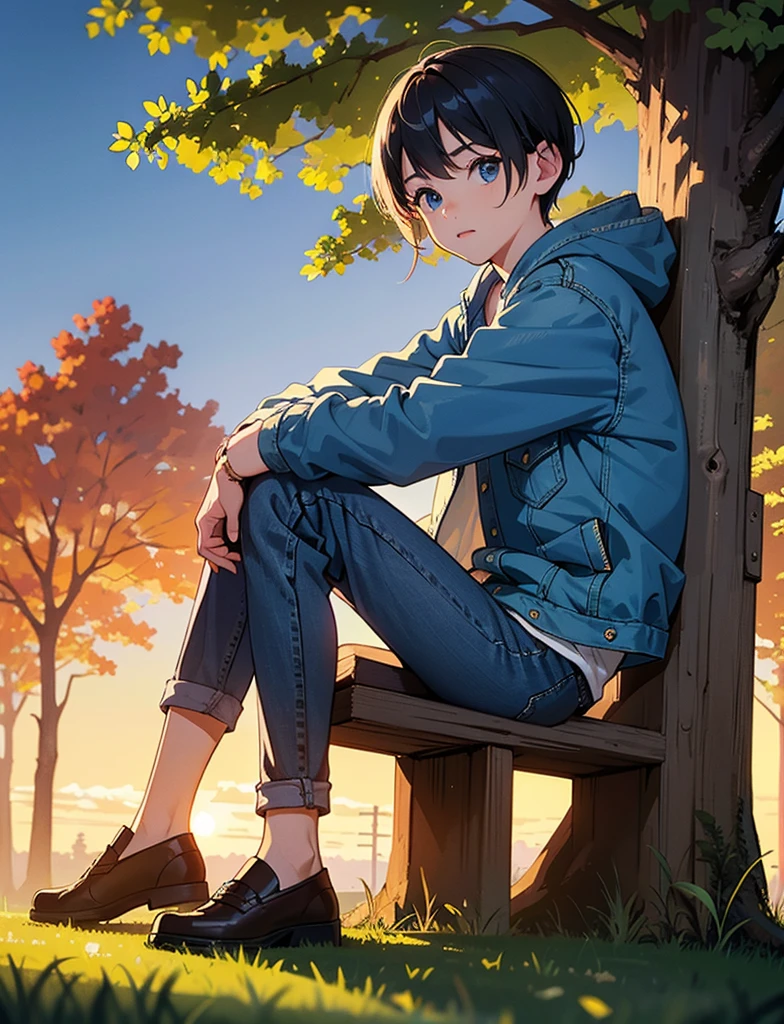 A child with,Wear a jean jacket,blue eyes,Sitting in the park,Big tree in the background,Sunset and sunset,staring directly into camera,Full body shot,ultra-high def