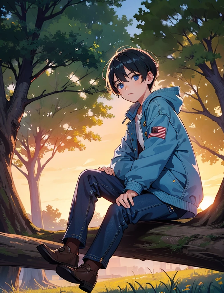 A  with，Wear a jean jacket，blue eyes，Sitting in the park，Big tree in the background，Sunset and sunset，staring directly into camera，Full body shot，ultra-high def