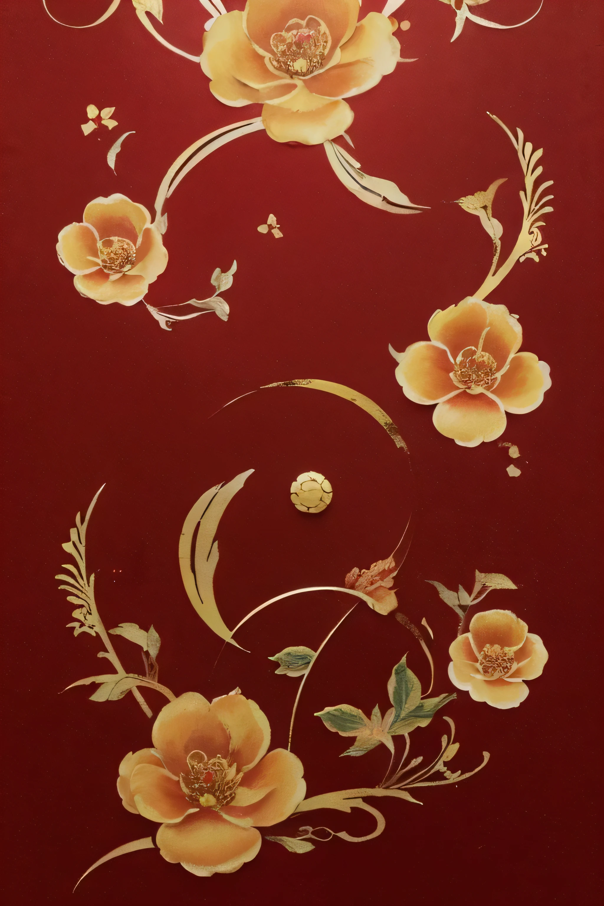 a close up of a red and gold Chinese card with flowers, Halloween, Chinese watercolor style, Chinese painting style, Chinese painting, Chinese Halloween, Chiba Yudai, Chinese Art Style, Chinese, Inspired by Pu Hua