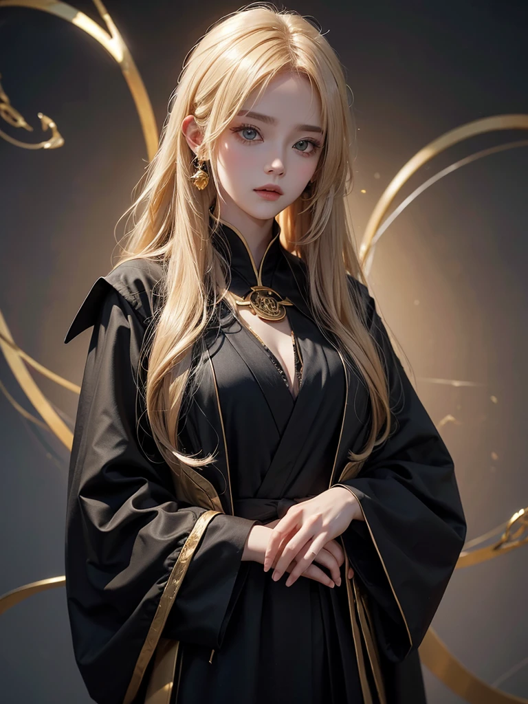 Runic Background、Wearing a black robe、Mage's Clothing、golden hair color、look at the viewer、masterpiece、cute woman、Wearing elegant school clothes