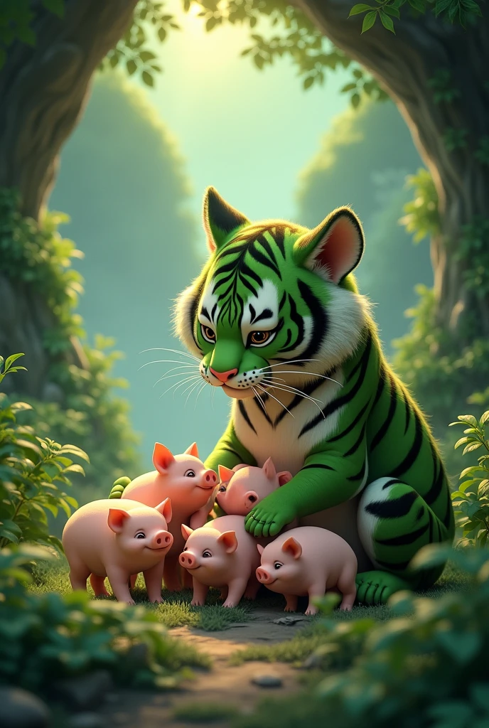 a green tiger in a mountain cave, caring for many little pigs, happy expression, cute realistic style, forest mountain cave background, detailed animal anatomy, animal fur texture, natural lighting, photorealistic, 8k, high quality, intricate details, dynamic composition, lush vegetation, warm color palette, depth of field
