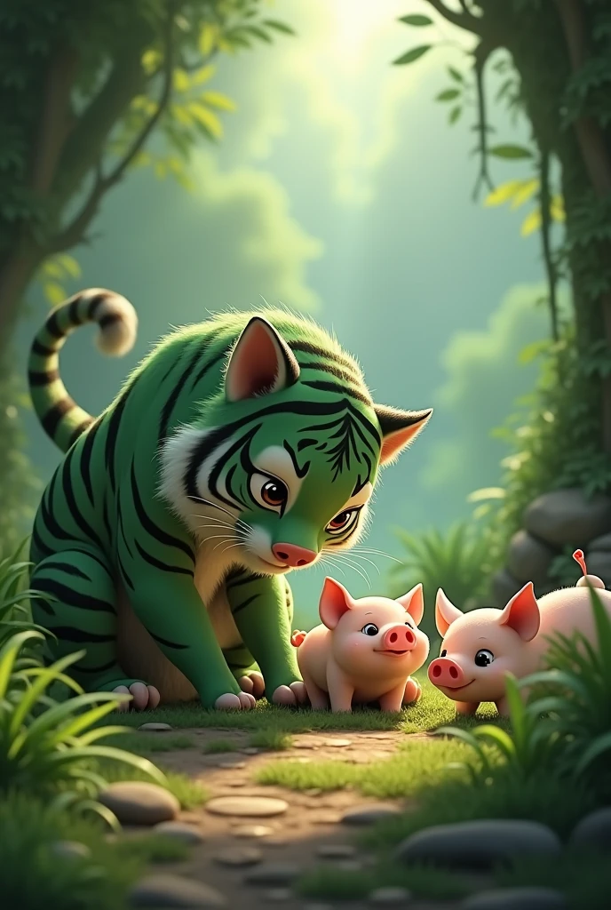 a green tiger in a mountain cave, caring for many little pigs, happy expression, cute realistic style, forest mountain cave background, detailed animal anatomy, animal fur texture, natural lighting, photorealistic, 8k, high quality, intricate details, dynamic composition, lush vegetation, warm color palette, depth of field
