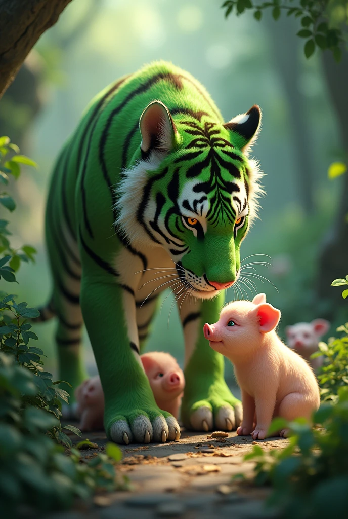 a green tiger in a mountain cave, caring for many little pigs, happy expression, cute realistic style, forest mountain cave background, detailed animal anatomy, animal fur texture, natural lighting, photorealistic, 8k, high quality, intricate details, dynamic composition, lush vegetation, warm color palette, depth of field