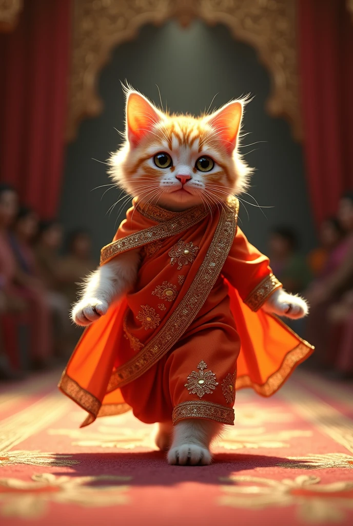(photorealism:1.2), cute cat wearing sari walking on the runway 