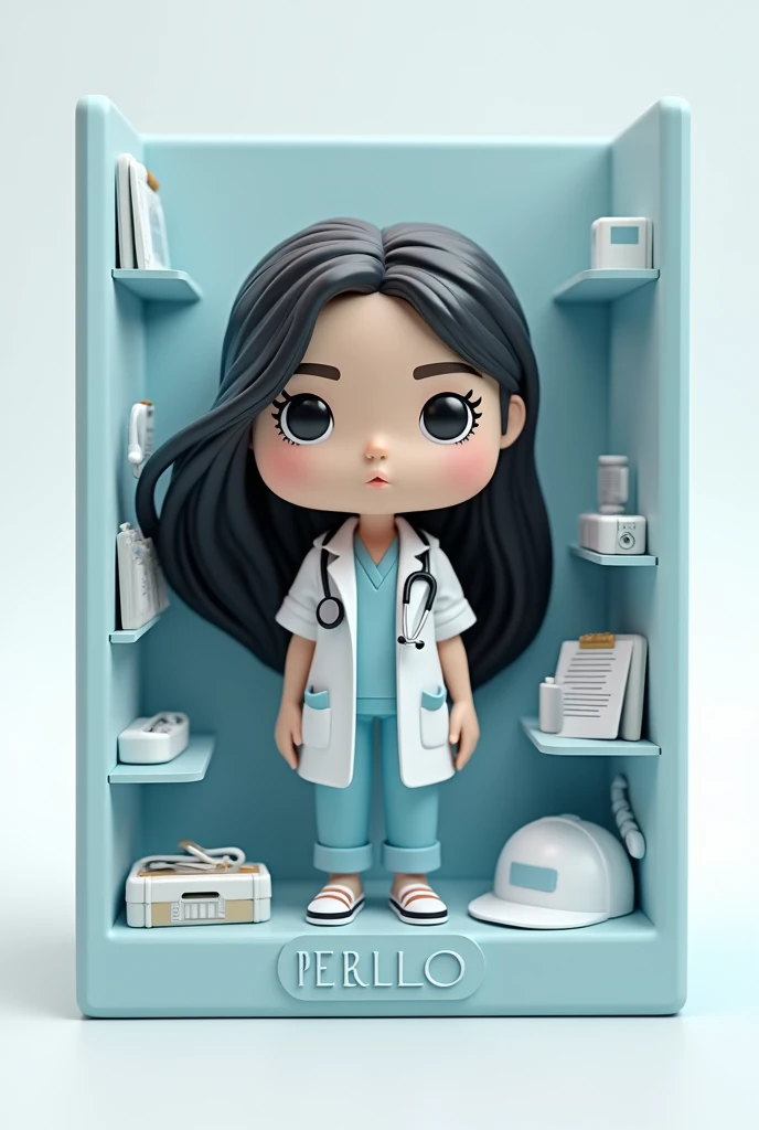 Create a Funko Pop box of a girl named Kellen, De pele clara, long black hair. Funko must be wearing doctor's clothes and medical equipment, in a hospital environment, Typography, the rendering must be in 3D with a white background.