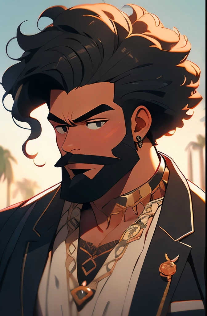 arafed man with dreadlocks and a beard with a colorful shirt, curly black beard, black curly beard, spiky black hair and dark skin, thick black beard, braided beard redhead dreadlocks, black man with afro hair, with a full black beard, inspired by Charles Martin, inspired by Ras Akyem, with textured hair and skin, thick braided beard