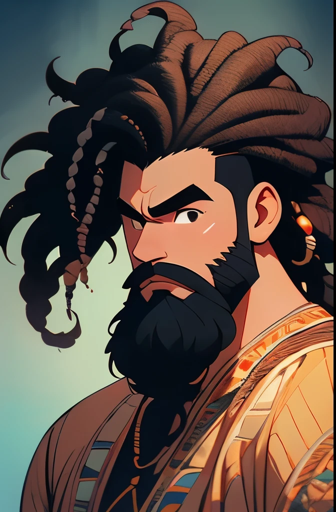 arafed man with dreadlocks and a beard with a colorful shirt, curly black beard, black curly beard, spiky black hair and dark skin, thick black beard, braided beard redhead dreadlocks, black man with afro hair, with a full black beard, inspired by Charles Martin, inspired by Ras Akyem, with textured hair and skin, thick braided beard