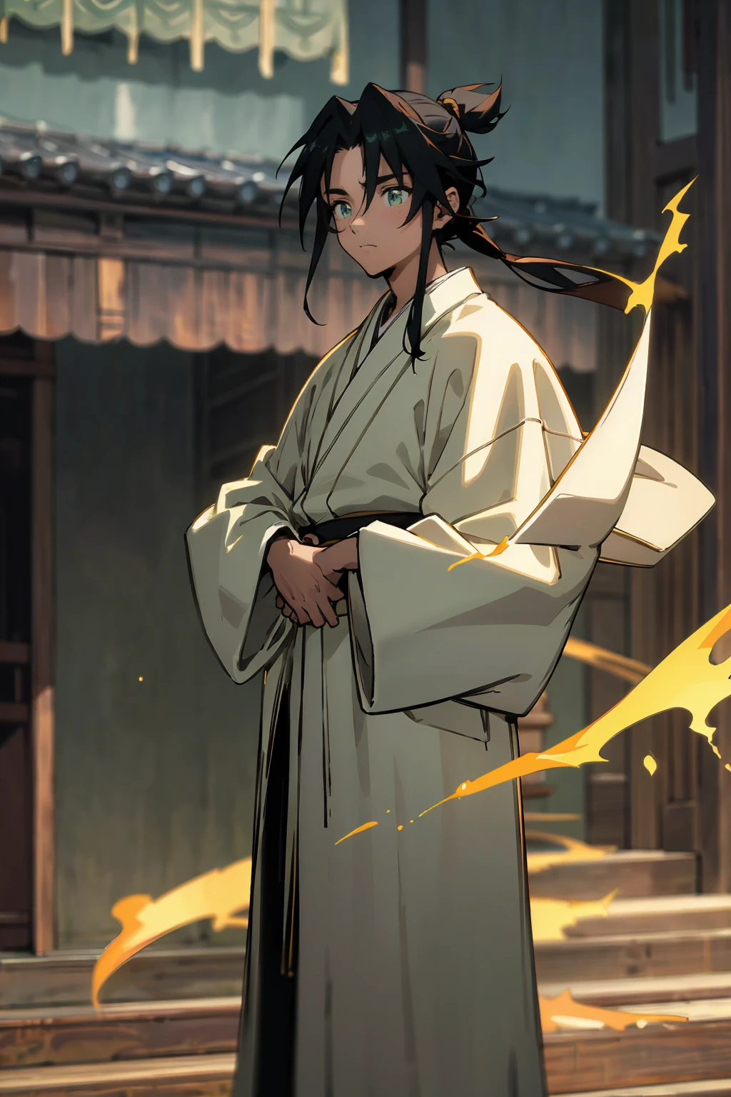 masterpiece quality, perfect generation, 1male, adult, black hair, topknot, detailed green eyes, detailed face, calm expression, two toned robes, black robes, golden robes, tan skin, full body, facing camera, hands to side, city, feudal japan, detailed background