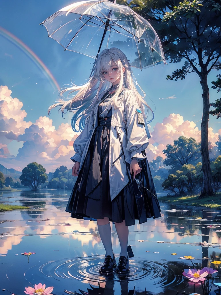 high quality, top quality,high resolution,1girl,solo,cute,white hair and long hair,after the rain, blue sky,rainbow in the sky,in park, puddle,wet flower