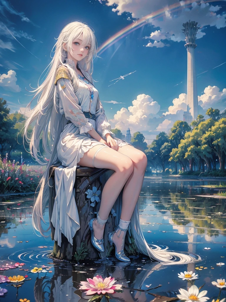 high quality, top quality,high resolution,1girl,solo,cute,white hair and long hair,after the rain, blue sky,rainbow in the sky,in park, puddle,wet flower