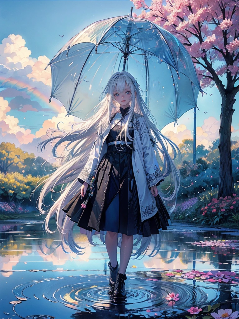 high quality, top quality,high resolution,1girl,solo,cute,white hair and long hair,after the rain, blue sky,rainbow in the sky,in park, puddle,wet flower