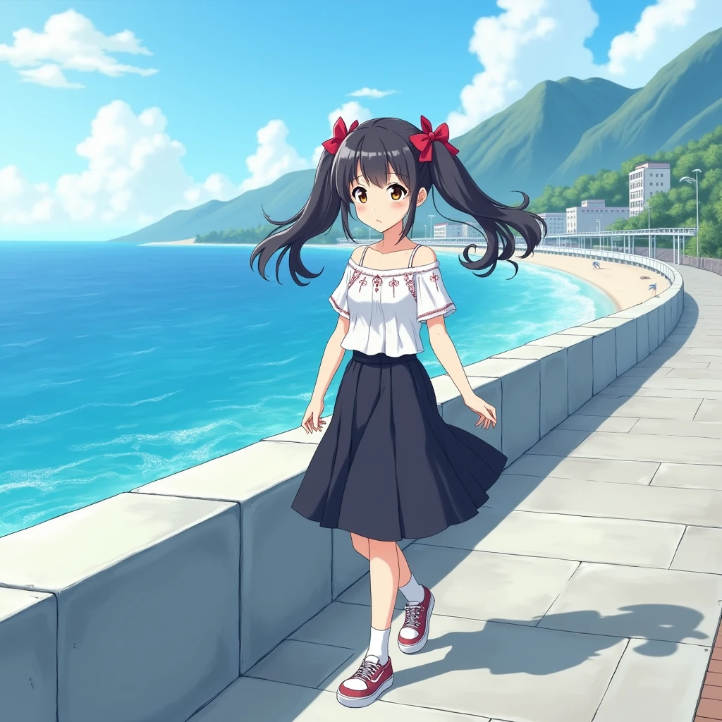 Anime Style,
Ocean沿いを歩く一人の少女.
She is wearing a cute white decorated blouse with short sleeves and no buttons., mid black flare skirt, no school uniform, no pleated skirt,
Wearing white knee-high socks, Wearing sneakers.
low twin tails with red ribbons, very long and black,
not high twin tails, not half-up.
Late teens, Small breasts, Has dark brown eyes.
Concrete revetment, Ocean, Ocean岸線, Mountain, Streetscape,
Daytime, from front.