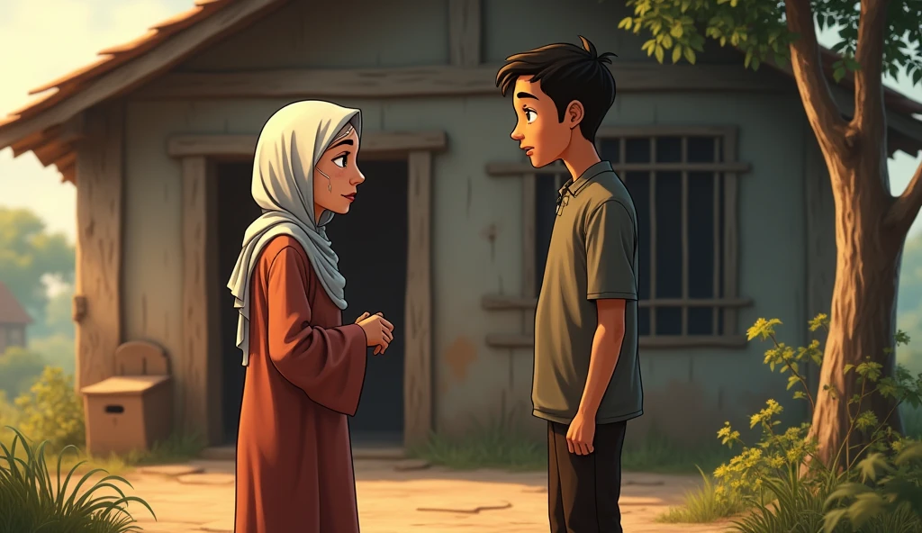 Animated image of a weak old Muslim woman talking to a young Muslim man in front of a small, rickety house. 
