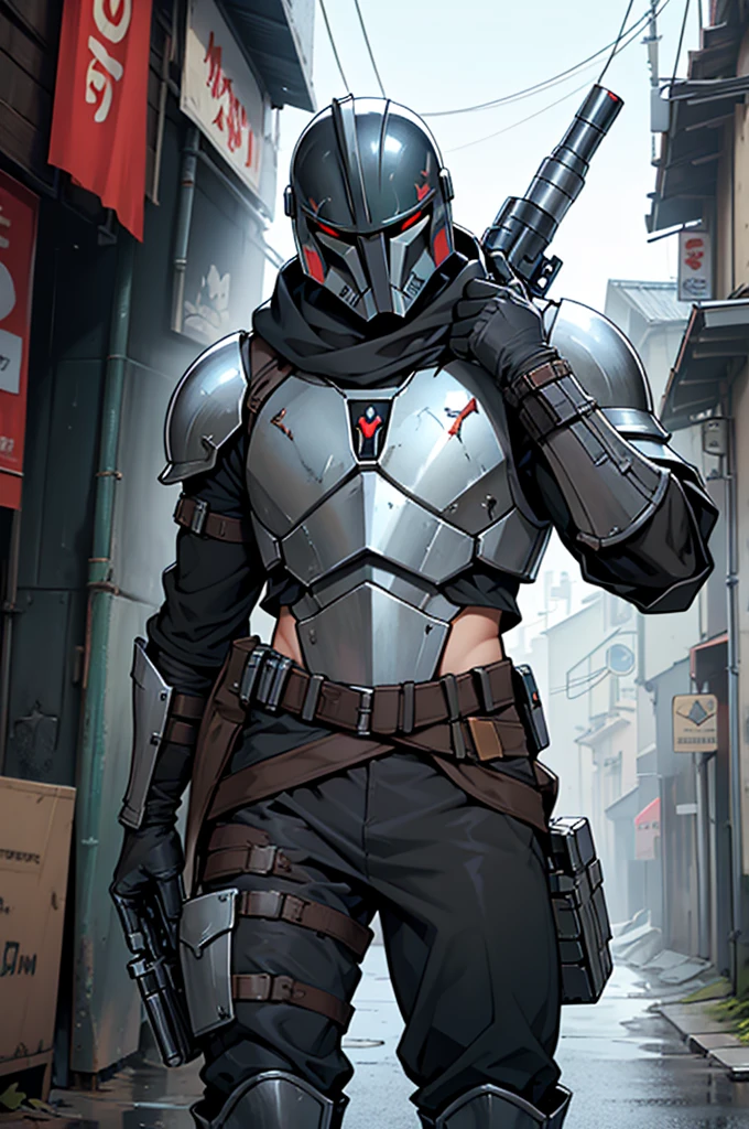 Wearing Beskar metal armor, Wearing Besca Helvet, Wearing black shoulder armor, With a sniper rifle, Laser pistol on waist, The Mandalorian, bounty hunter, male, The lines are clear, 10&#39;s anime style