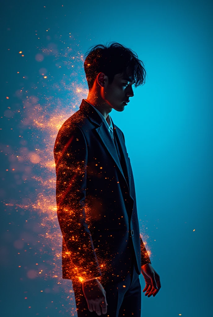 ashion editorial photography, medium shot of a japanese man,Blue background,Orange contrast,Tech patterns, Dynamic silhouette, Virtual devices, Light effects and particles, Futuristic typography, Dynamic movement,Abstract geometry