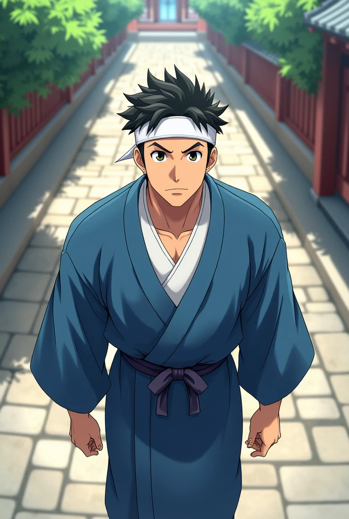 anime、Photographer's POV、Overhead view、male、Around 40 years old、Muscular build、Square face、Round Nose、short hair、No bangs、Black Hair、Blue Jinbei、White headband、Visiting a temple