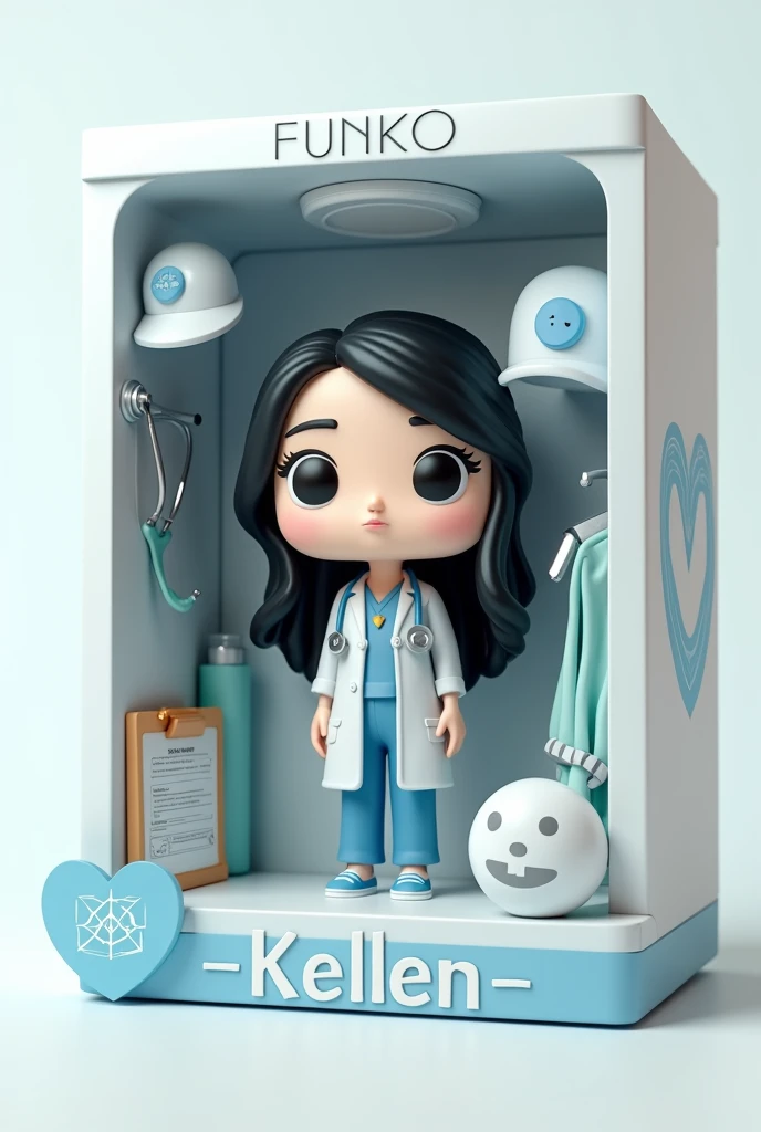 Create a Funko Pop box of a girl named Kellen, De pele clara, long black hair. Funko must be wearing doctor's clothes and medical equipment, in a hospital environment, Typography, the rendering must be in 3D with a white background.
