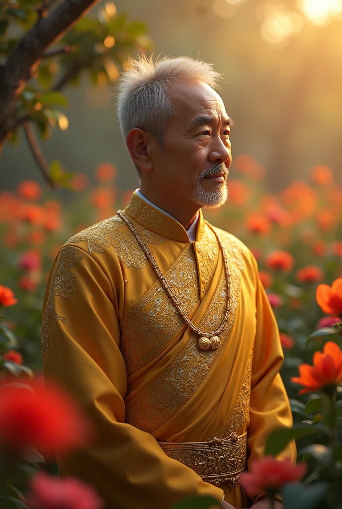 " A Thai man wearing a golden Thai costume, handsome like an old man, 2, fair skin color, standing and admiring the Rampue flowers, thinking of his beloved, thinking of his beloved. The background is an evening atmosphere, thinking of him. Surrounding the young man is a flower garden. "