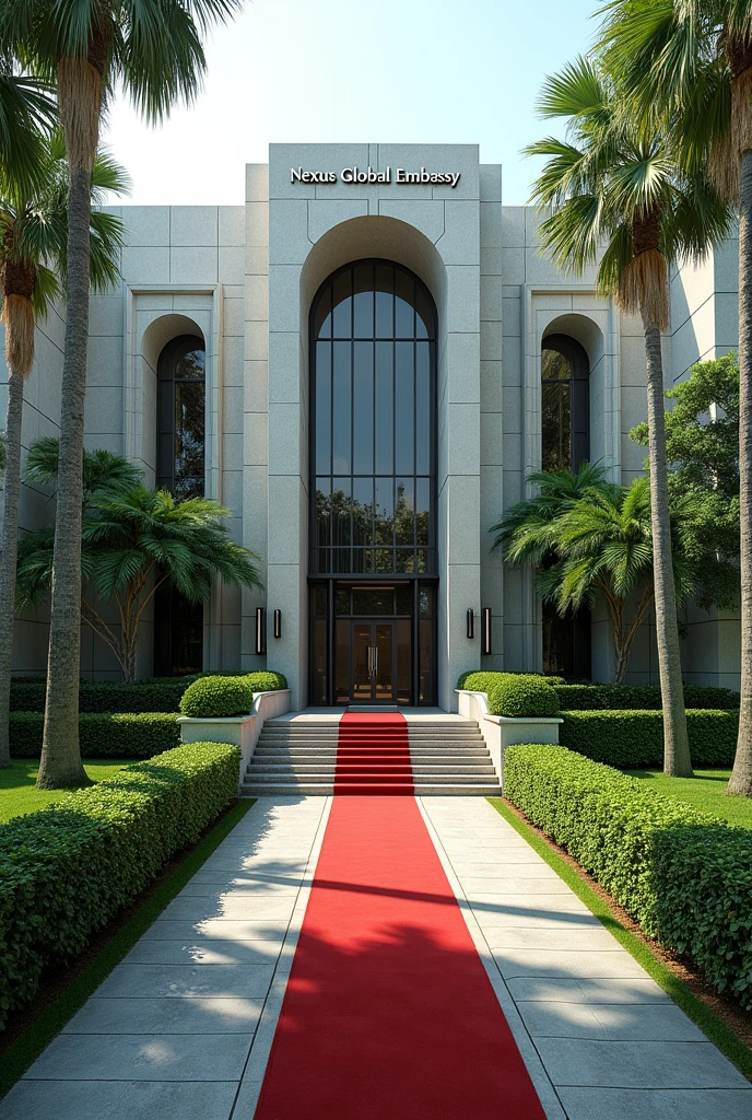 A wonderful and luxurious building, it's on it's own with large compound with trees and Grass with corporate Singaporean architecture and the words Nexus Global Embassy fully exposed on the building separate concrete with red carpet on the entrance with a good full view and angle .Expose the words Nexus Global Embassy on the concrete fully I can't see the words and the driveway the spelling is wrong work on spelling and clarity of words embassy has double ss