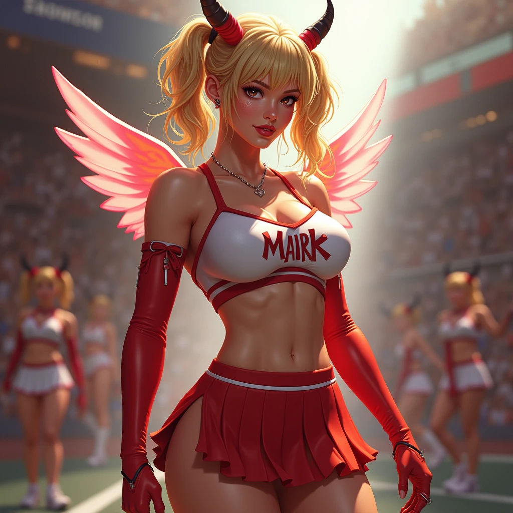 Blonde Woman, has pigtails, en tenue de cheerleder sexly, in an internship, cheerleader figure, ( big boobs 1.2), hourglass shaped horns, sexly