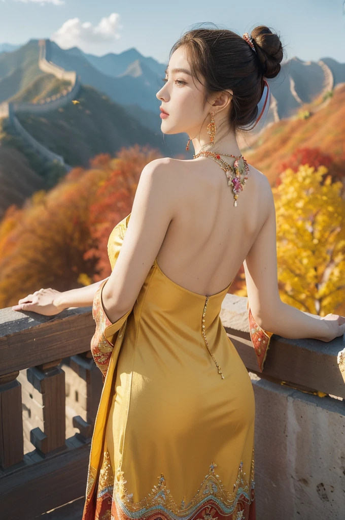 (((best quality))), (((ultra detailed))), (((masterpiece))), illustration,((1 beautiful girl,solo)),(on the Great Wall:1.3),(neat bun:1.2),((earrings,necklace)),((slim,thin)),((bare back,towering hips,butt crack)),((October, sunny, autumn,bright sunshine)), magnificent mountains,(maxi gorgeous Exquisite embroideried red dress:1.3),(stockings:1.3),(standing:1.3),gracefully,(detailed bright eyes:1.3),(fair skin:1.3), radiant,sparkling, vibrant colors,(colorful flowers:1.3), elegance, strength, perseverance, majestic, awe-inspiring, fluffy white clouds,((from back,upper body))