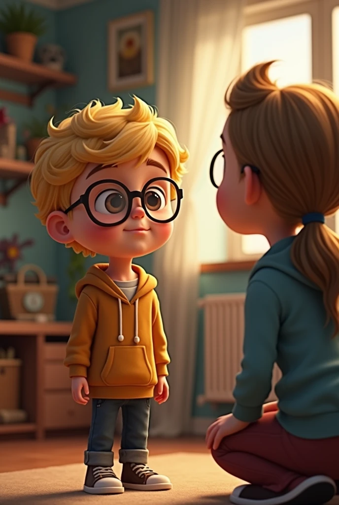 Make a blonde boy, using glasses, this boy is and looks super smart that is talking to his mom saying that he has to clean up his room first