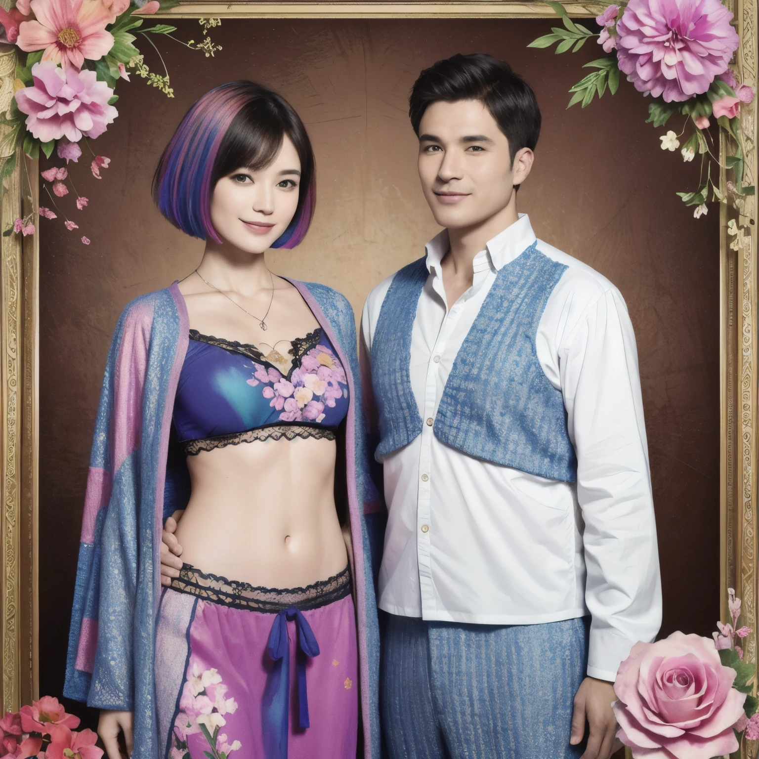 276 (20-year-old woman and man,short hair), Are standing, (beautiful:1.1), (Fractal Art:1.2), (Advanced backgrounds), (Many colors:1.4), (Old-fashioned smile), Abdominal muscles, flower