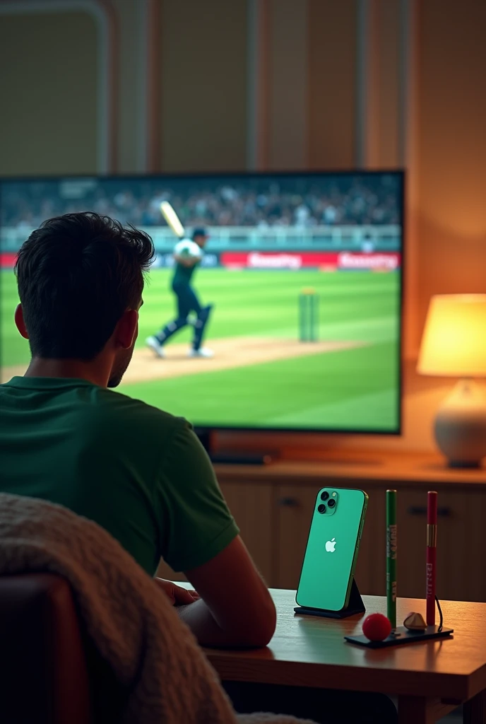 Make a image of name dar aqib watching babar azam on tv playing cover drive and his room with iphone 13 green color and bat and balls and