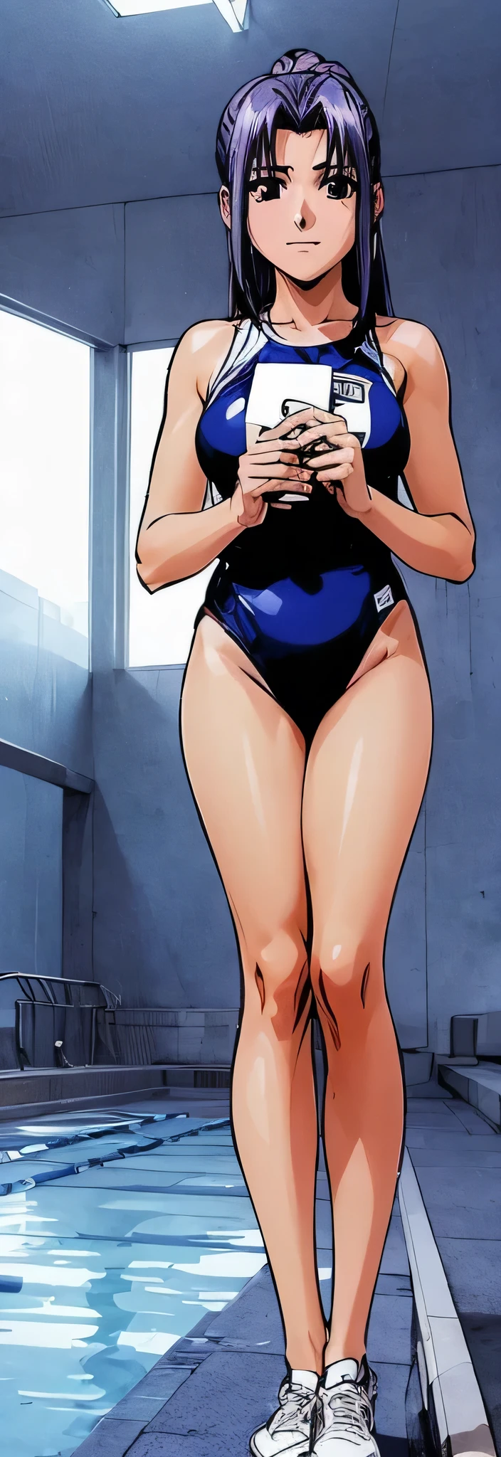 Momoko Koigakubo, With her beautiful legs, Wearing a bright blue high-cut swimsuit、Standing in an indoor pool with the arena logo on it.。