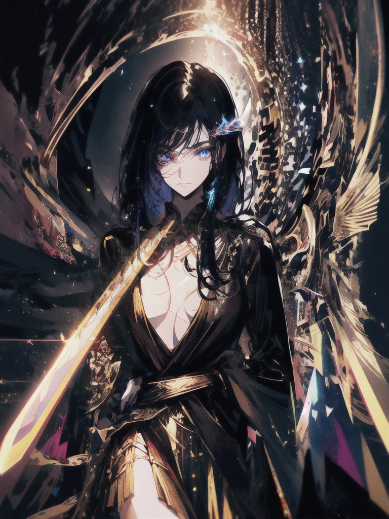 Holding a one-handed sword、Please take the black sword.、((masterpiece, highest quality, Super detailed, High resolution)), alone, beautiful girl, shining eyes, perfect eyes, , black white gold theme,