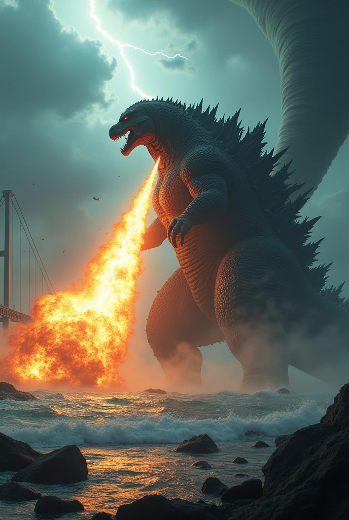 Godzilla attack the fire ball from mouth iconic oresund bridge. Storm. Tornado