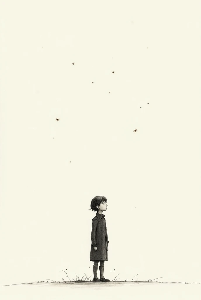 A very simple image of a sad drawing on paper, of a person looking at the sky 