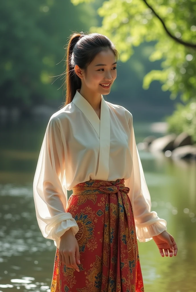 generate a very cute thai lady wearing luxury linen kemben, batik tight long skirt, long ponytail hair washing cloths at the river, the aura is really beauty, make the picture looks so lovely, masterpiece, hyperdetail, 8k, ambient effect, digital effect