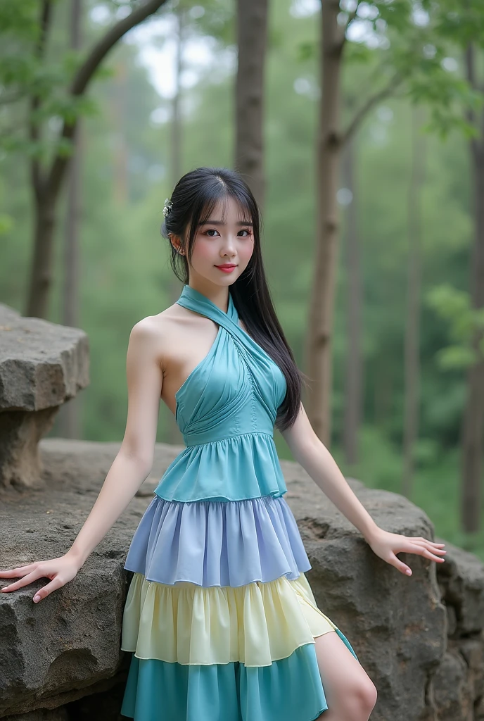 (full body shot:1) photorealistic image of a woman, ultrarealistic, photography, straight long black hair, asian woman, beautiful cute sexy asian 20 years old woman, hourglass figure, perfect body, Flirty look, natural big breasts, long eyelashes, cat eye make-up, double eyelids, sexy pose, erotic pose, seductive pose, big breasts, big tits, wearing a sexy design yellow dress , hair up