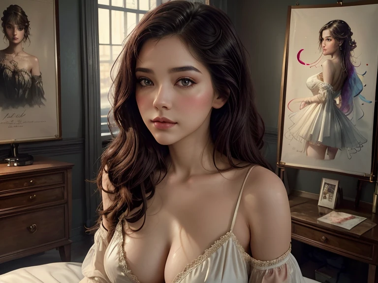 Elegant girl with fantastic face, intricate hairstyle, detailed dress, in bedroom setting, watercolor style blend influenced by Razumov, Volegov, Carne Griffiths, Wadim Kashin, ambient SF tones, intricate artwork with ominous undertone, matte painting resembling film poster, composition adhering to golden ratio, trending aesthetic on CGSociety, ArtStation, character model evoking Artg
