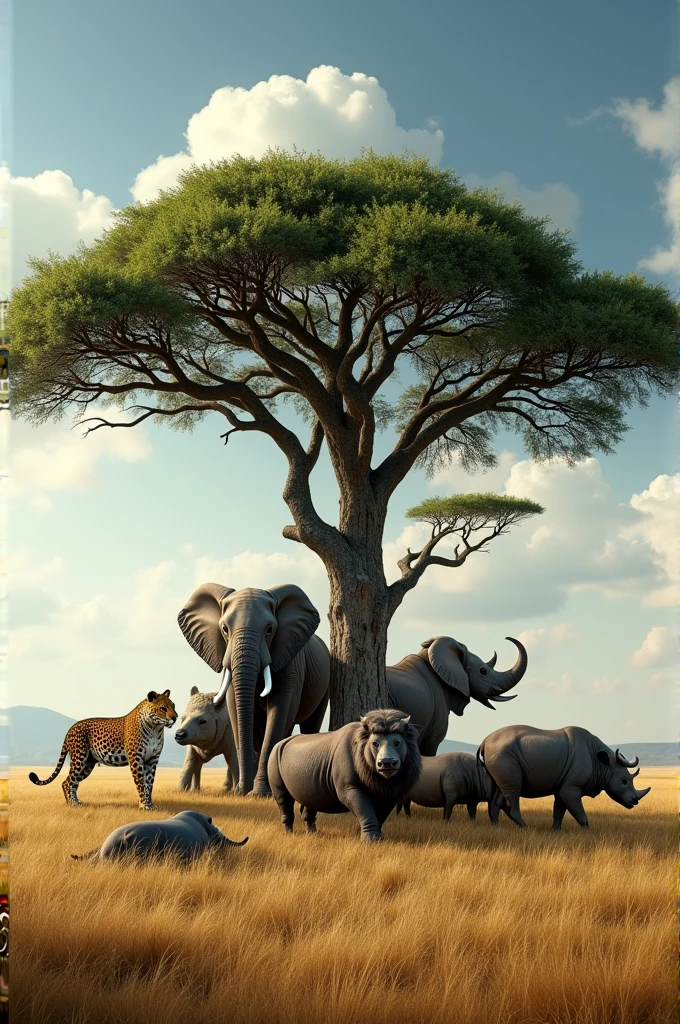 Edit a canopy tree in the savannah surrounded by an elephant,lion, leopard,rhino and buffalo