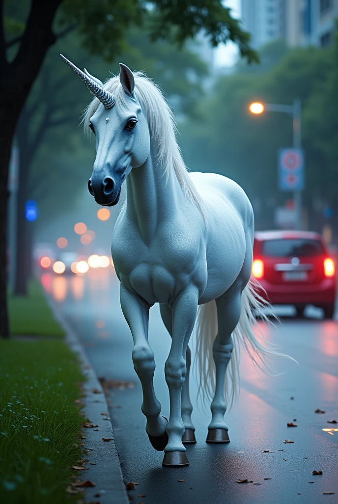 "A mystical unicorn in HD Quality and ultra-realistic detail, calmly walking through a city park amidst rush hour traffic. Its gleaming horn and shiny white coat are illuminated by streetlights."