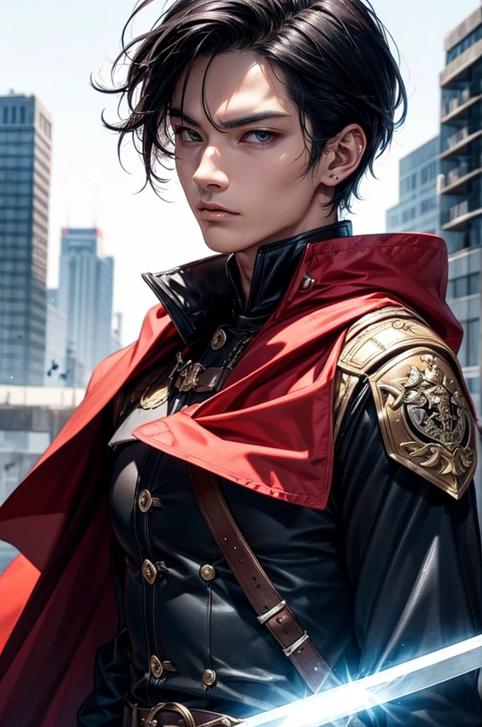 (Absurd, High resolution, Ultra-detailed), 1 male, Adult, good looking, Outrageous beauty, Broad shoulders, Detailed drawn eyes, Ear-length black hair, Dark blue eyes, Red Cape, Black military uniform, A sword on the belt, city, Medieval atmosphere, Natural light and shadow, Bright particles flying around a person, wonderful, mysterious, Bright glow, Sitting posture, Serious expression, cold, Thoughtful, Shut your mouth