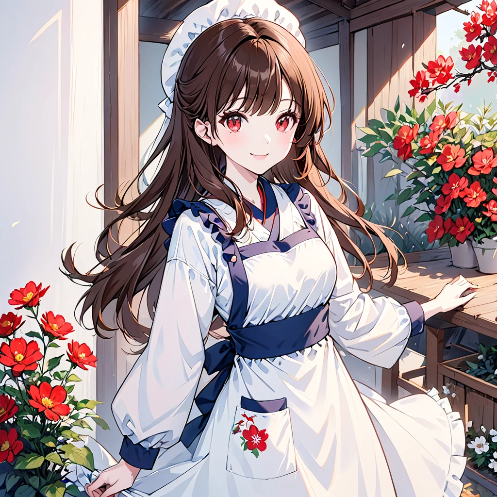 1girl, beautiful girl, brown hair, red eyes, bangs, ahoge, long hair, white skin, medium breast, cute outfit, wear apron, smile